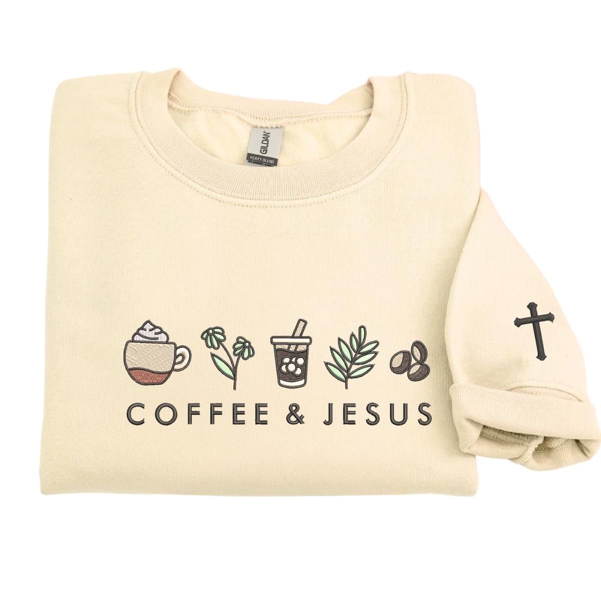 Coffee and Jesus Embroidered Sweatshirt – Christian Faith Crewneck for Apparel Gift for Birthday or Christmas
