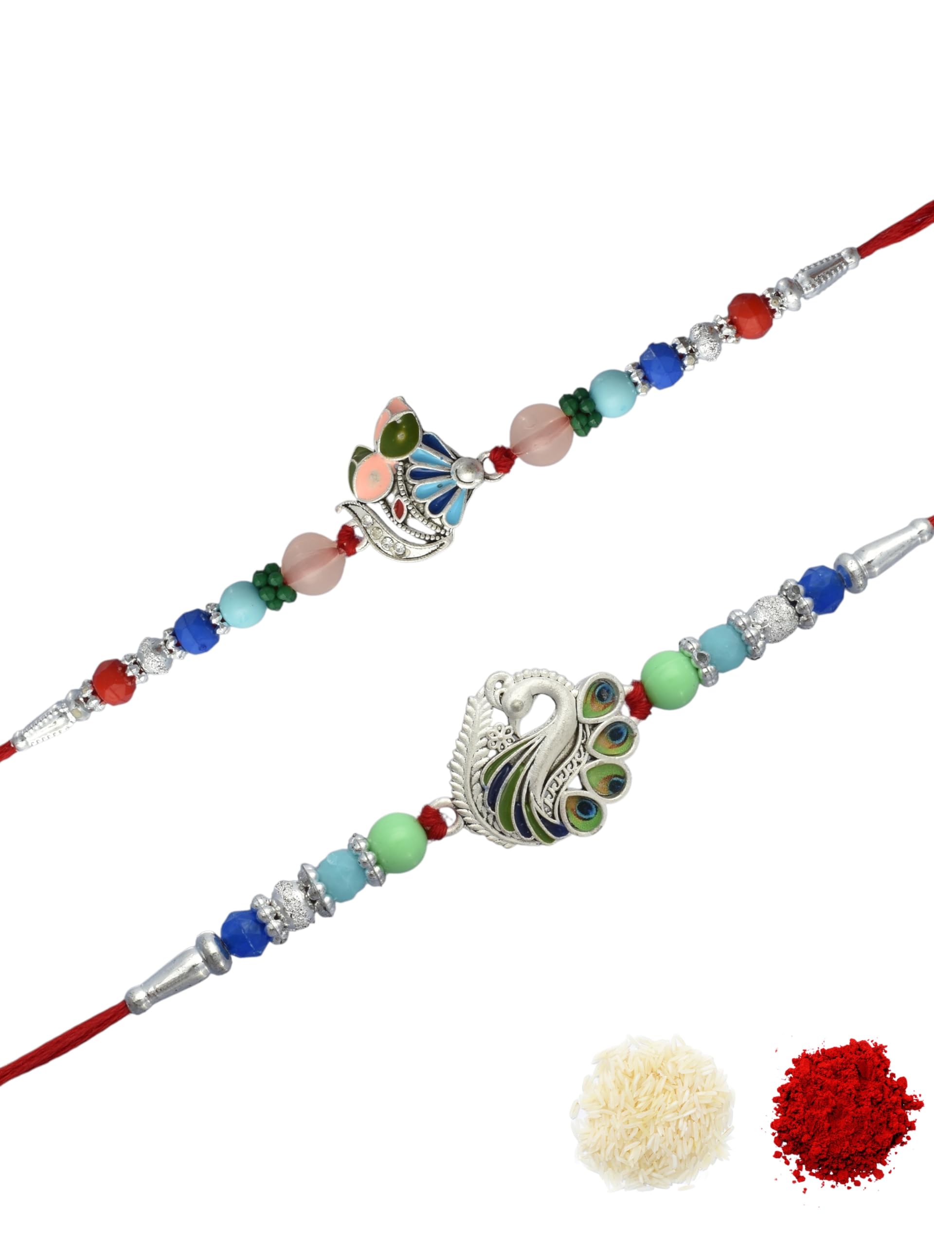 Premium Traditional Silver Plated Combo of 2 Cotton Thread Multi-coloured Beaded Festive Rakhi for Brother, Bhaiya, Bhai, Kids with Roli Chawal and Greeting Card for Raksha Bandhan-42-image-35