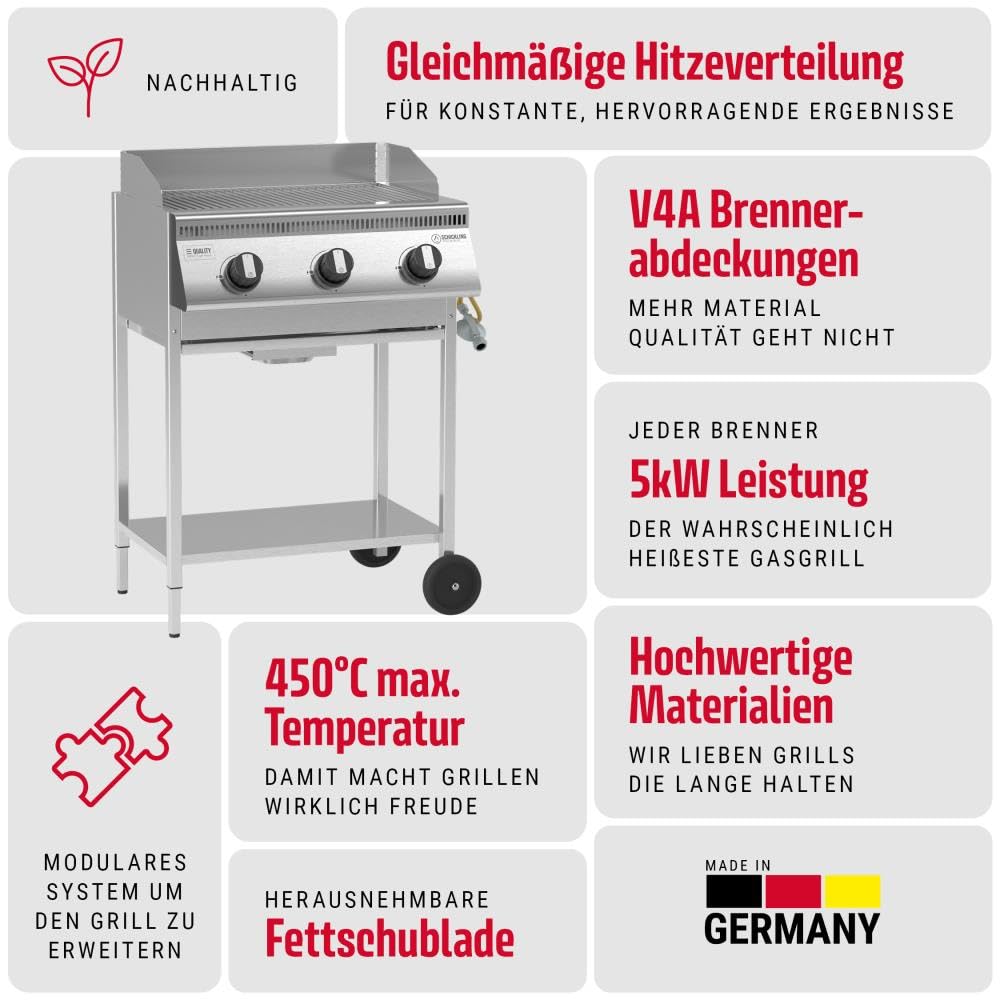 Schickling Gasgrill "Henry L - Basic" Premium BBQ Grillwagen komplett aus Edelstahl mit 3 Brennern – Made in Germany: 3-teiliger Grillrost, Fettschublade | Grillfläche: 55 x 33 cm