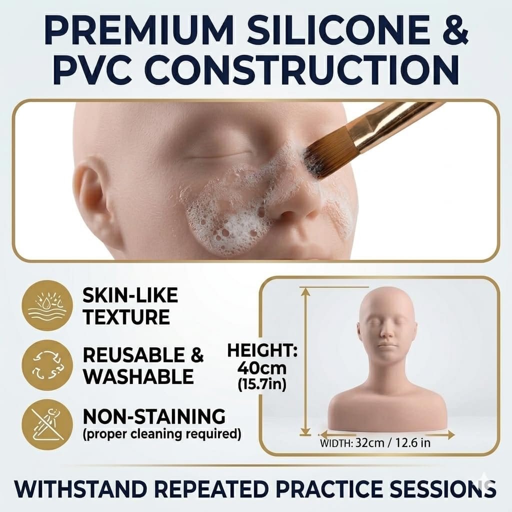 Esthetics Mannequin Head with Shoulders - Soft Makeup Practice Head Silicone PVC Cosmetology Students Tool for Wigs Hat Display,Facials Massage,Eyelashes Training,Boards,Face Paint Practicing