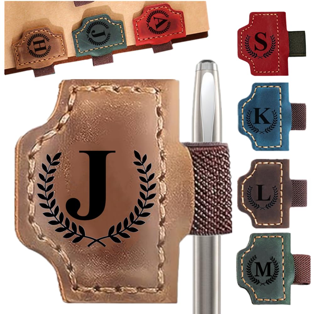 Custom Bookmark with Pen Holder 26 Letters Personalized Magnetic Leather Book Mark, Book Marker with Initials Pencil Clip for Sketch Pads for Men Women, Gifts for Book Lovers, Artists (Brown, J)