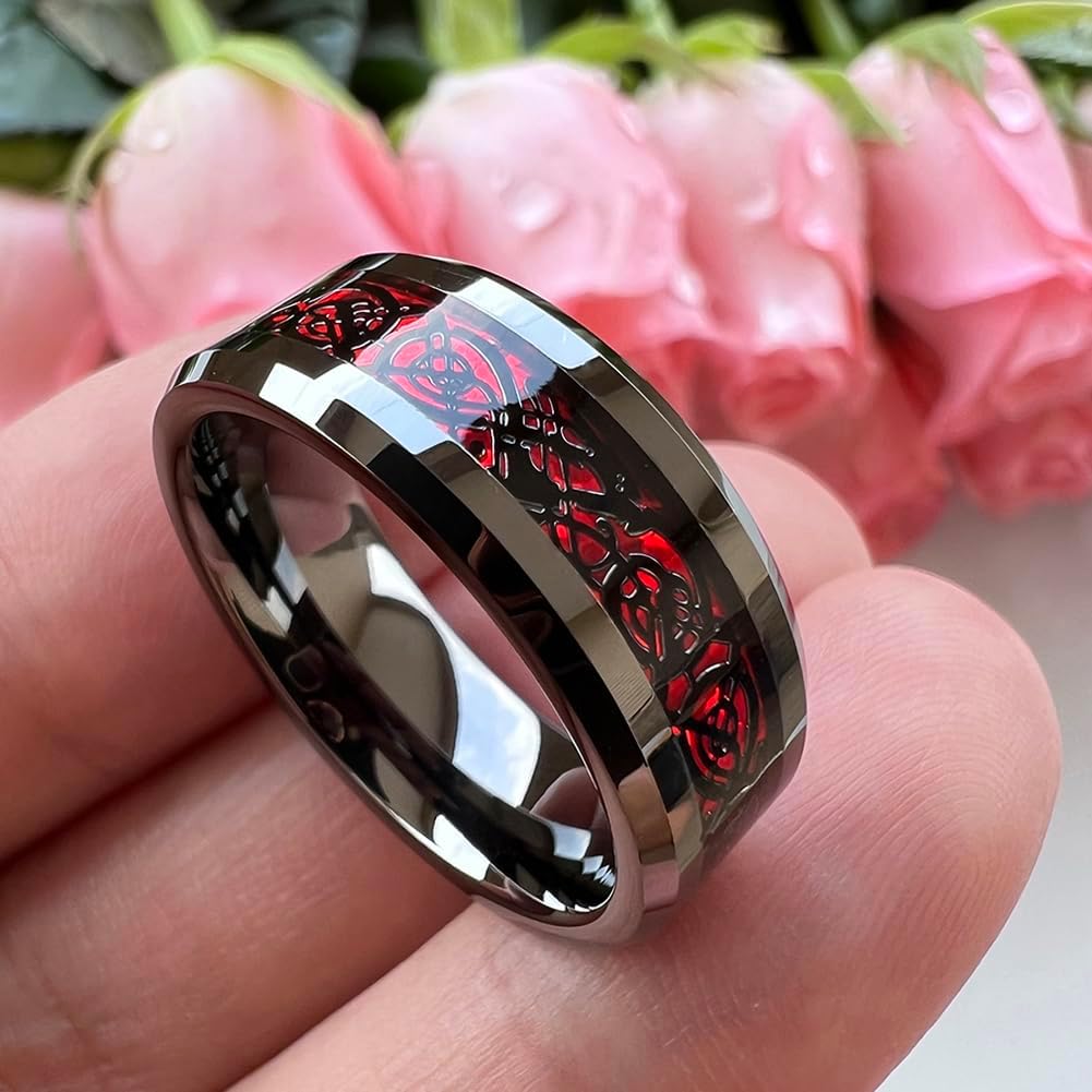 TUTISS 6mm 8mm Gunmetal Tungsten Rings for Men Women Wedding Bands Red Greeb Carbon Fiber Celtic Dragon Inlay Beveled Edges Polished Comfort Fit