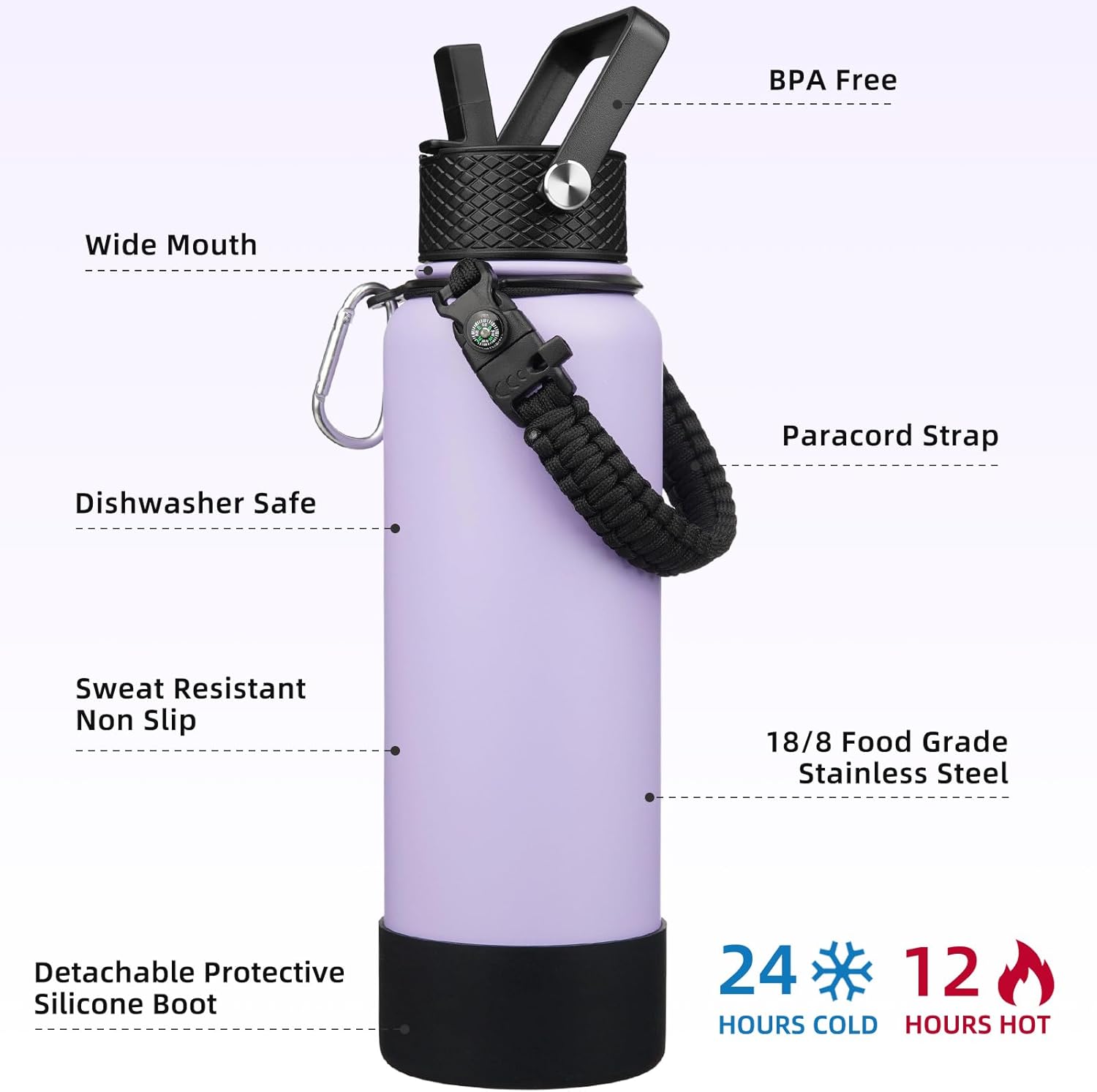 BJPKPK Insulated Water Bottle with Straw Lid, 40oz Large Thermal Flasks with 3 Lids, Paracord Handle & Non-slip Boot, BPA Free Leak Proof Stainless Steel Metal Water Bottles, Tumblers, Cups,Lavender - Image 2
