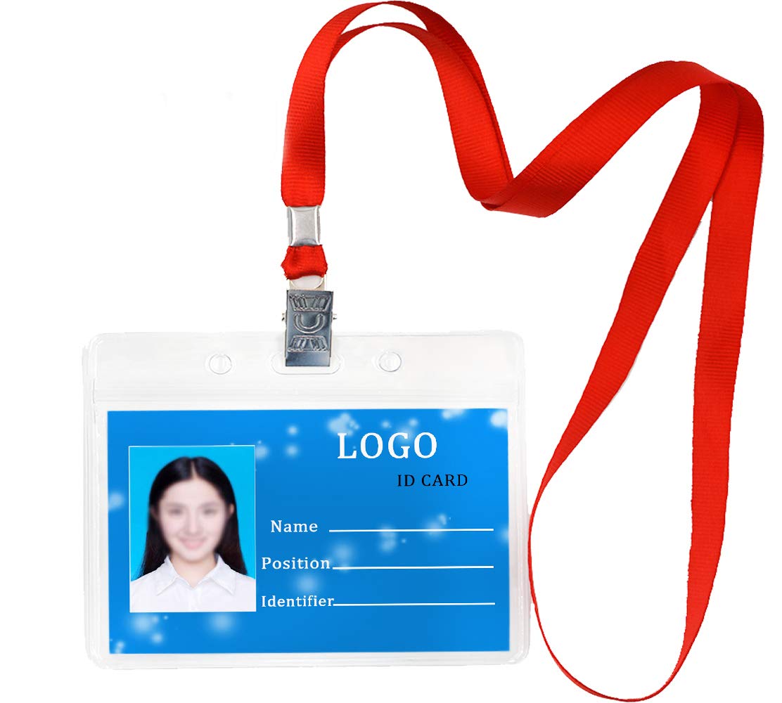 50 pcs Upgrade Waterproof Transparent Horizontal Name Tag id Badges and 50 pcs lanyards (Red)