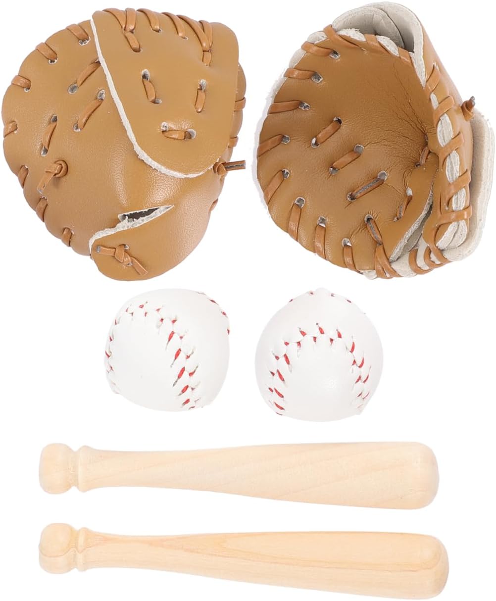 Cabilock Mini Baseball Softball Set with 2 Small Bats Gloves and Balls for Dollhouse Decoration Outdoor Kids Sports Accessories