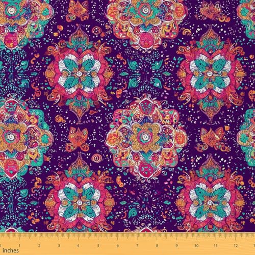 Mandala Fabric by The Yard, Boho Floral Upholstery Fabric, Retro