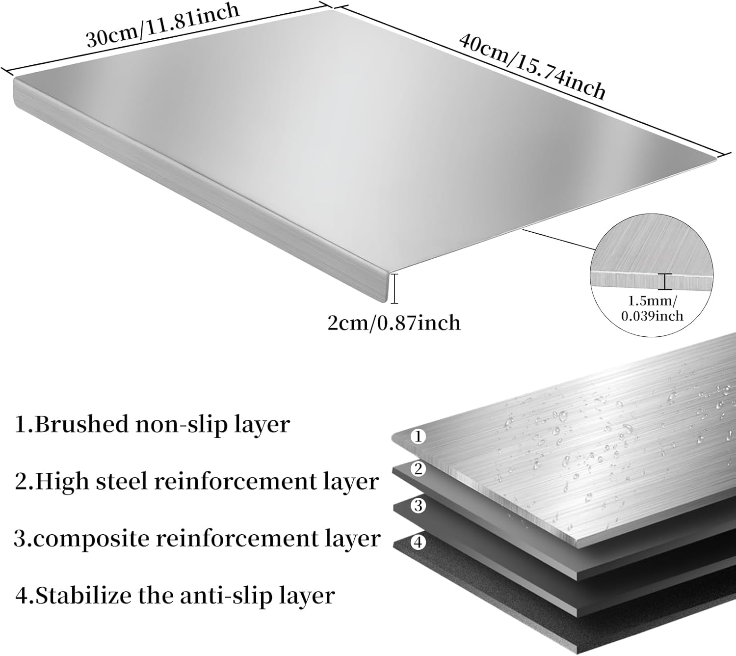 Stainless Steel Cutting Board for kitchen: Mineye Stainless Cutting Board kitchen, Suitable for Cutting Vegetables, Fruits, Meat, Bread - Easy To Clean and Store (40x30cm/15.7x11.8in)
