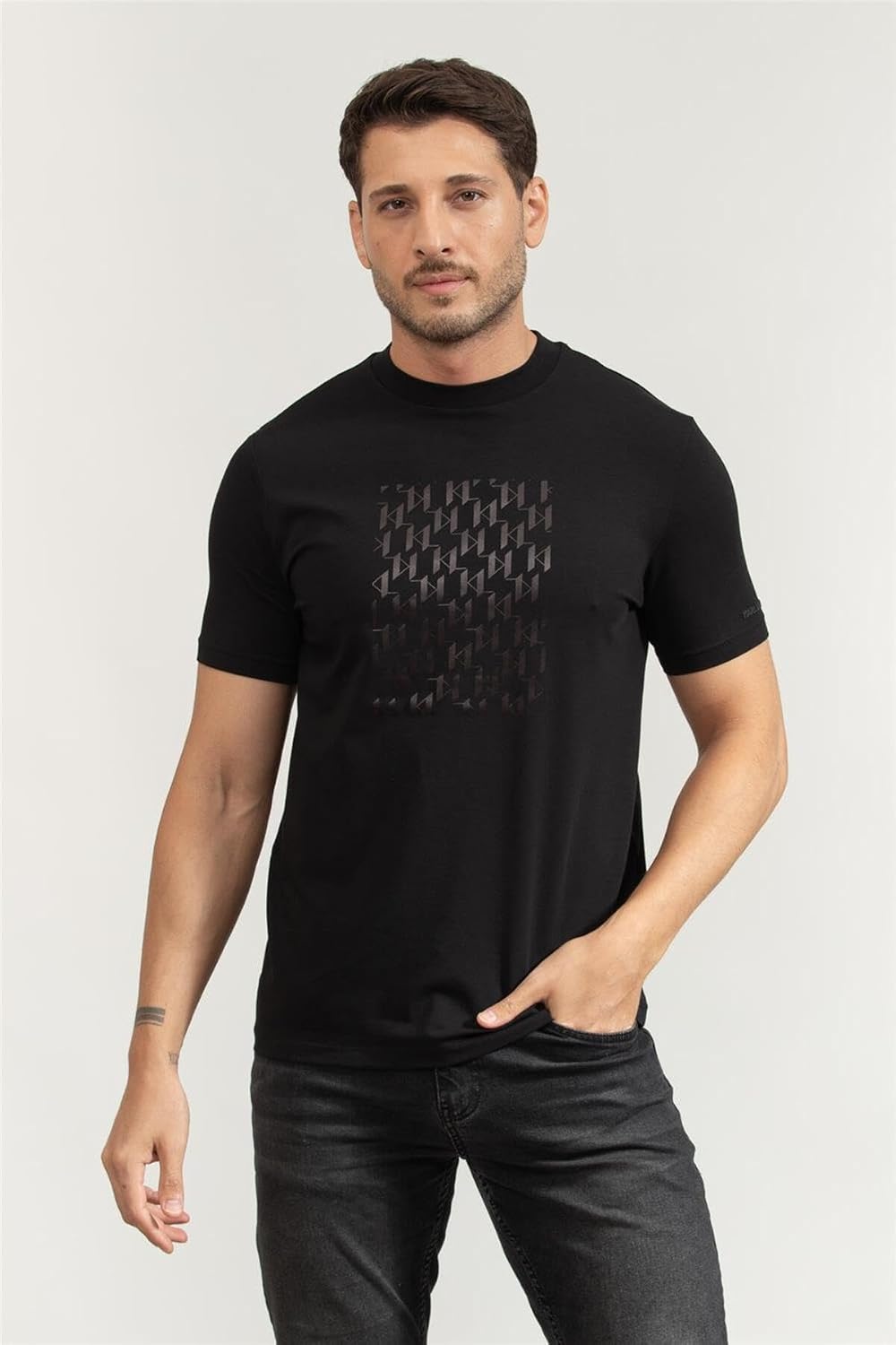 Karl Lagerfeld Erkek Bisiklet Yaka T-Shirt, Siyah, L Beden