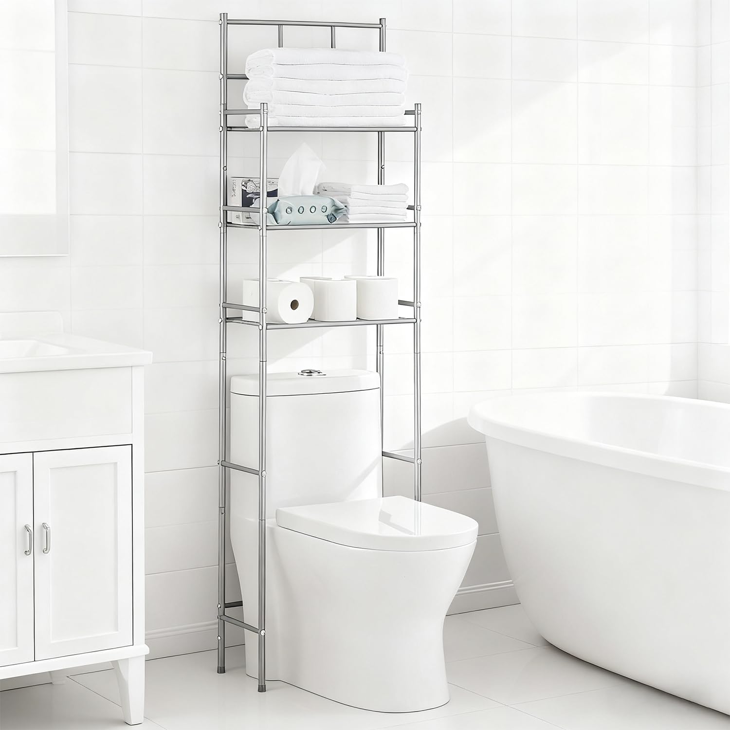 Toilettenregal, 3-stöckiges Badezimmerregal, WC Regal über die Toilette, Toiletten Regal für das Badezimmer, Platzsparend, Grau