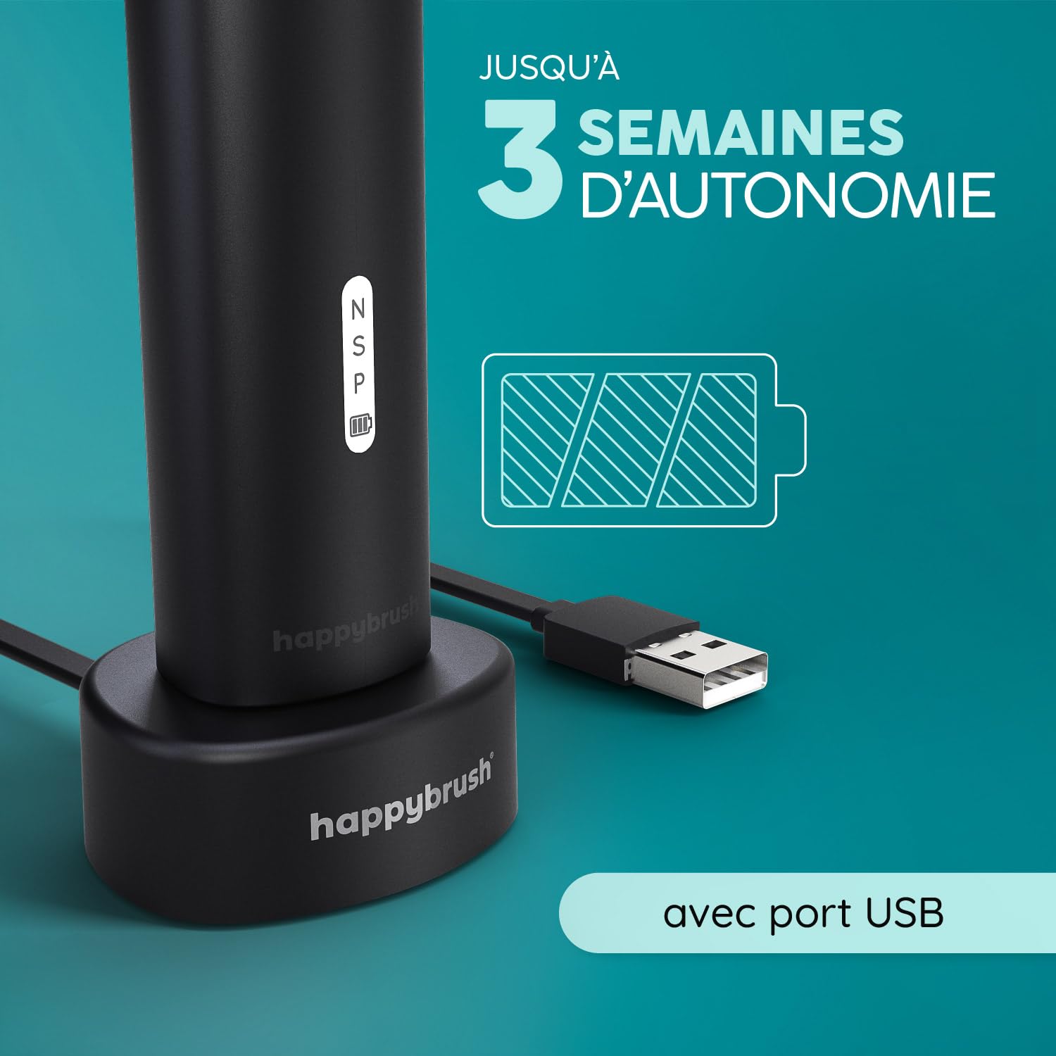 happybrush Eco R2 Brosse à Dents Électrique Rechargeable – Set de Démarrage Durable – 3 Modes de Nettoyage – Piles, 3 Brossettes & Dentifrice au Charbon Actif Inclus – Noir