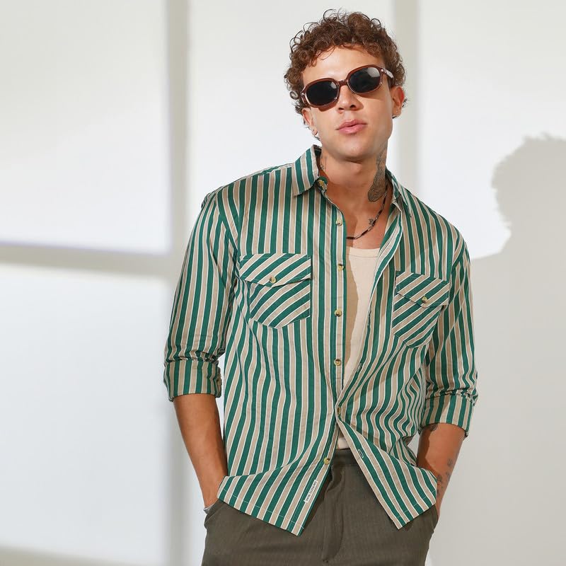 Image of CAHOOT Men's Multitrack Striped Oversized Shirt for Casual Wear | Spread Collar | Long Sleeve | Button Closure | Oversized Shirt Crafted with Comfort Fit for Everyday Wear