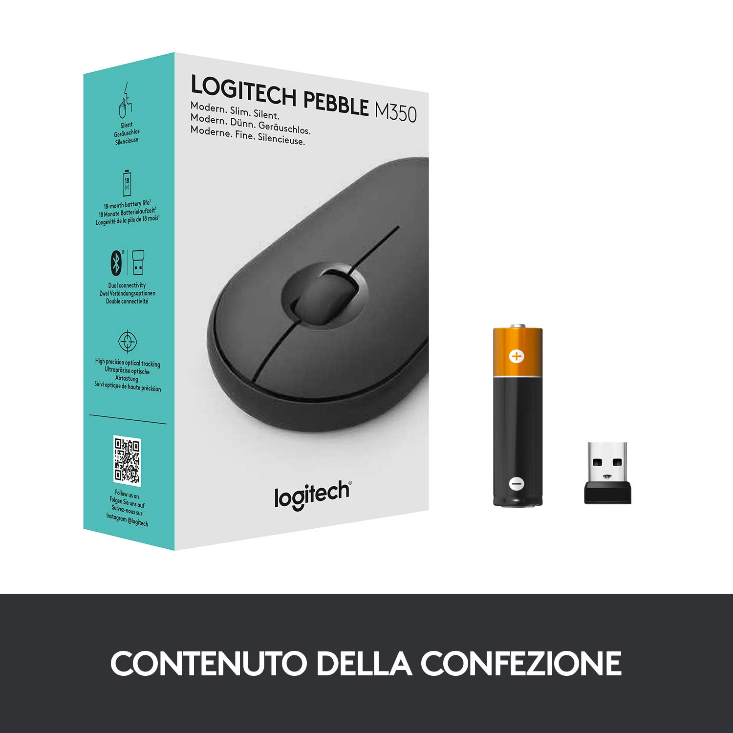 Logitech Pebble Mouse Wireless Con Bluetooth O Ricevitore Da 2.4 Ghz, Mouse Sottile Per Computer Con Clic Silenziosi, Per Laptop, Notebook, Ipad, Pc, Mac, Chromebook, Nero
