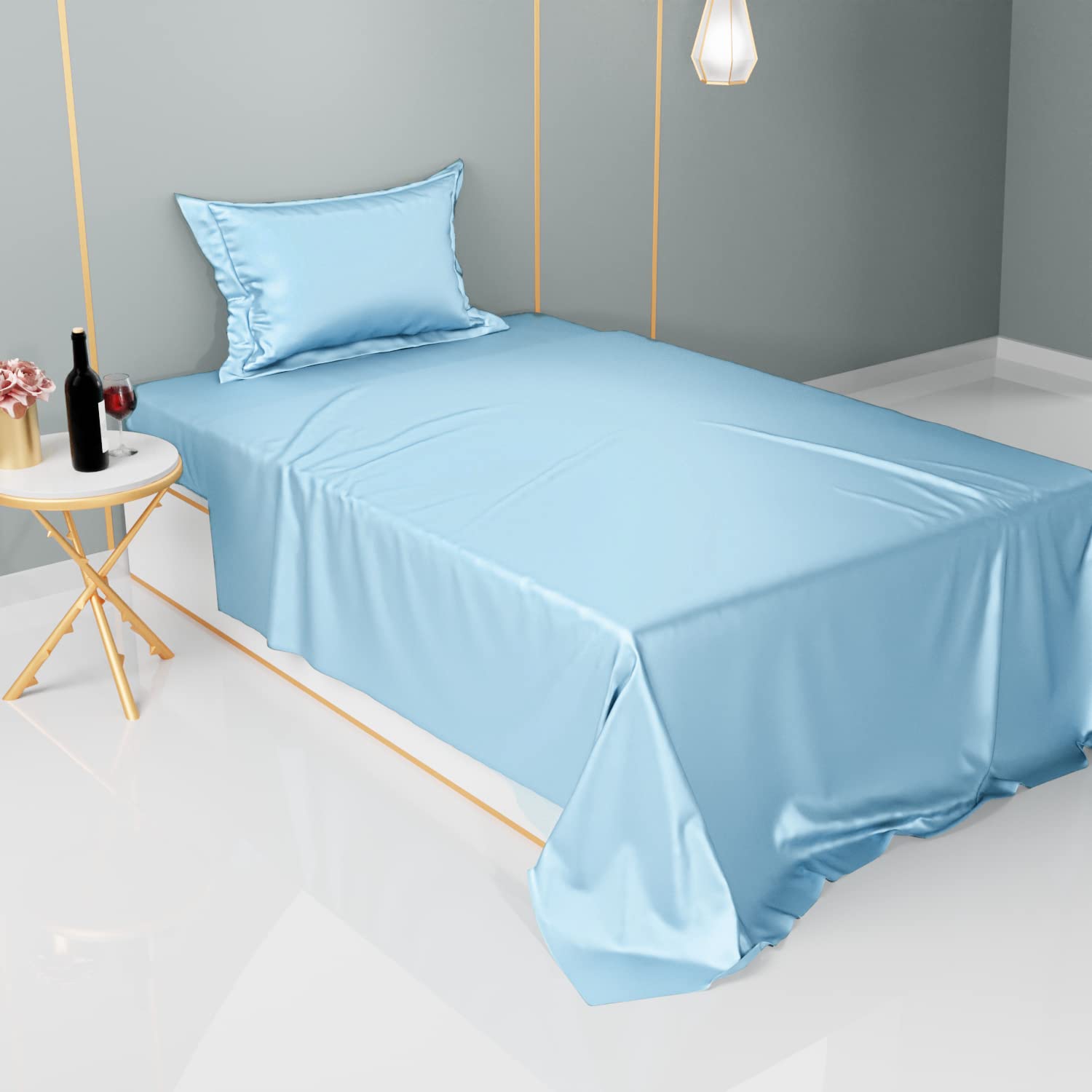 Stoa Paris Single Bedsheet with 1 Pillow Cover, 300TC Satin Premium Bedding Set, Home Decor, Wedding Gift for Couples, Housewarming, Anniversary, Date Night - Dreamy Blue