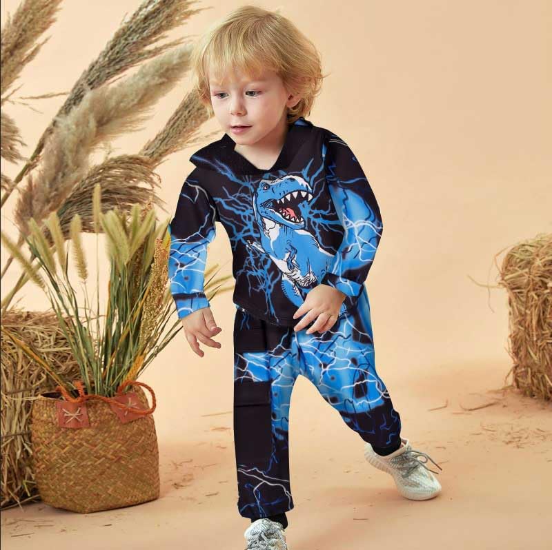 Image of Toddler Boy Fall and Winter Clothes Long Trousers + Hooded Sweatershirts Dinosaur Suit Two-piece Set
