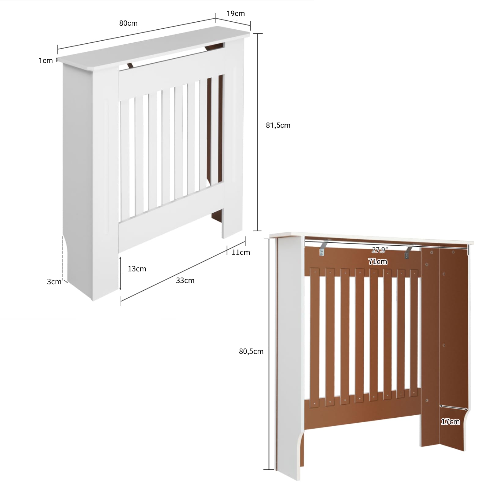 Alightup Cache Radiateur en MDF Peint - Couvercle Design Armoire avec Lattes en Bois et Grille Étagère Supérieure - Dimensions 71 x 17 x 80.5 cm pour Salon et Chambre