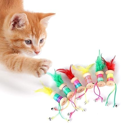 Royale Cat Feather Toys, Rolling Bell with Colourful Ribbon Feather Cat Interactive Toys (Color May Vary) Size 4.7 * 3cm (Excluding Feather Yarn Length) (Single Pack)