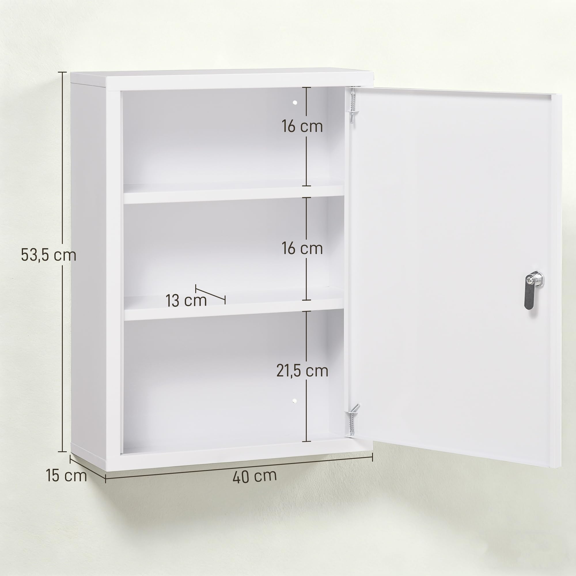 kleankin Armoire à Pharmacie Murale en Acier, Armoire à médicaments Murale à 3 Niveaux avec Porte verrouillable 2 clés, Meuble de Salle de Bain, Couloir, Salon, 40 x 15 x 53,5 cm, Blanc