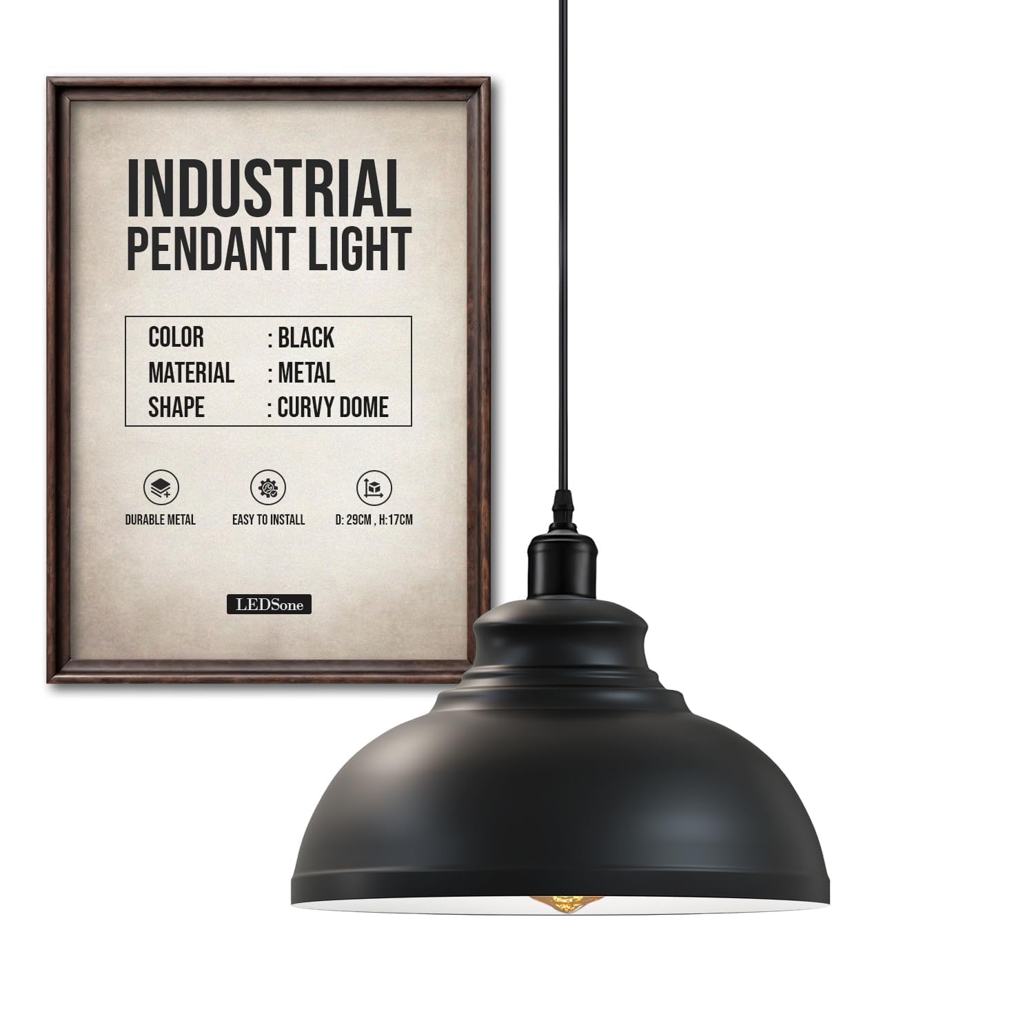 LEDSone Industriel Suspension Luminaire Rétro Lustre Plafonnier Vintage Lampe Éclairage de Plafond Abat-jour en Métal pour Restaurant Salon Chambre Cuisine Bar Couloir (Blanc) (Noir)