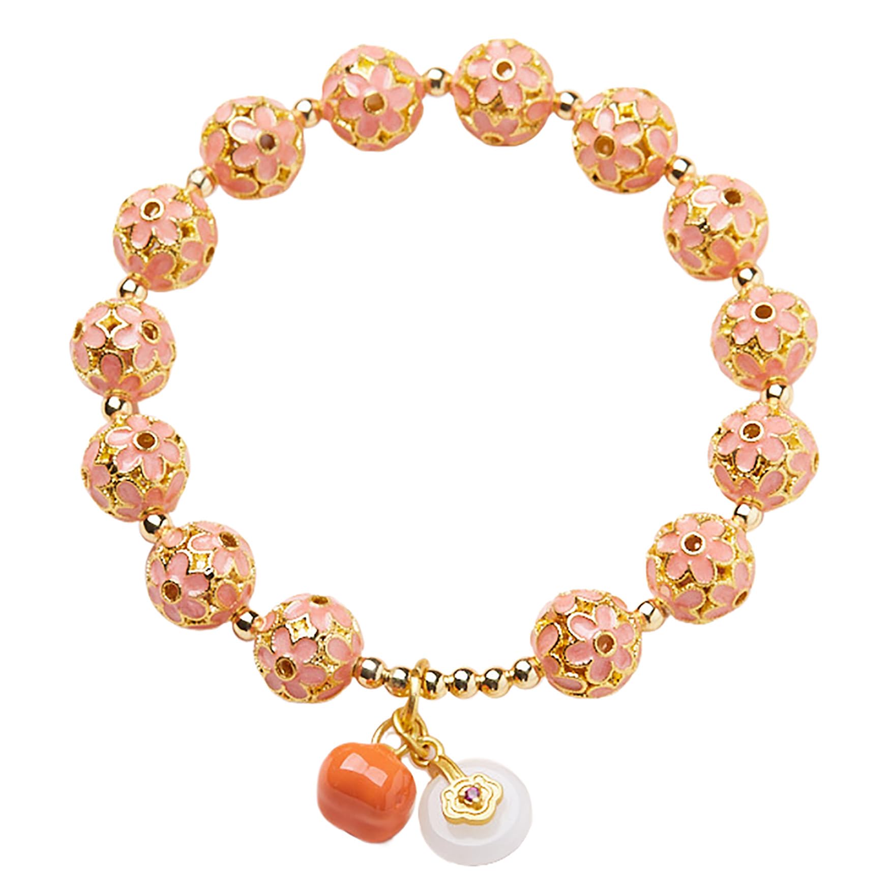 YNIYUJKL Golden Pink Bouquet Bracelet Enamel Flower Beaded Stretchy Bracelet Agate Persimmon Carnelian