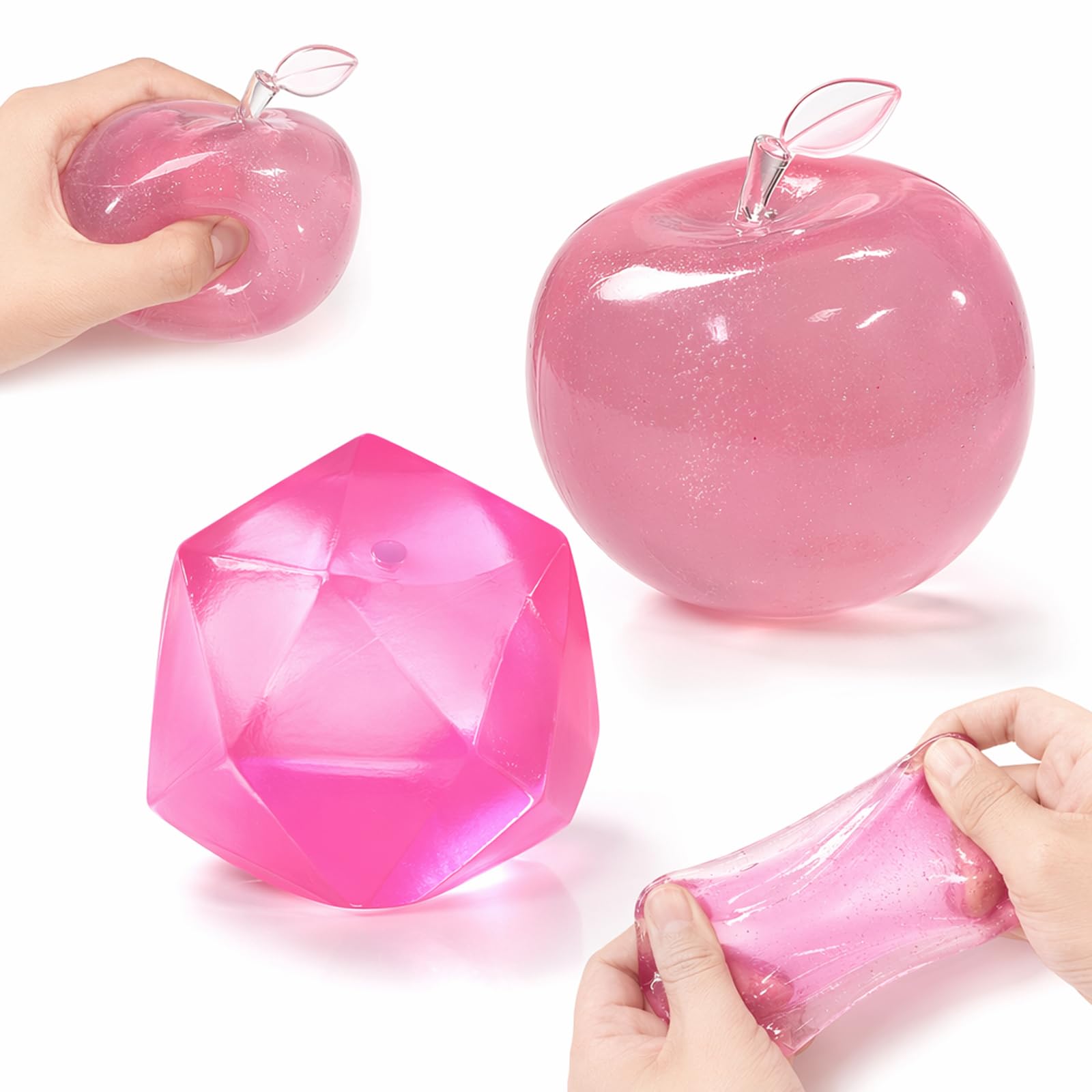 2PCS Squishy Apple, Pink Fruit Squishy Desktop Decor, Slushy Apple Squishy Fidget Ornament for Office and Classroom, Two Piece Pink Apple and Diamond Design for Daily Hand Play