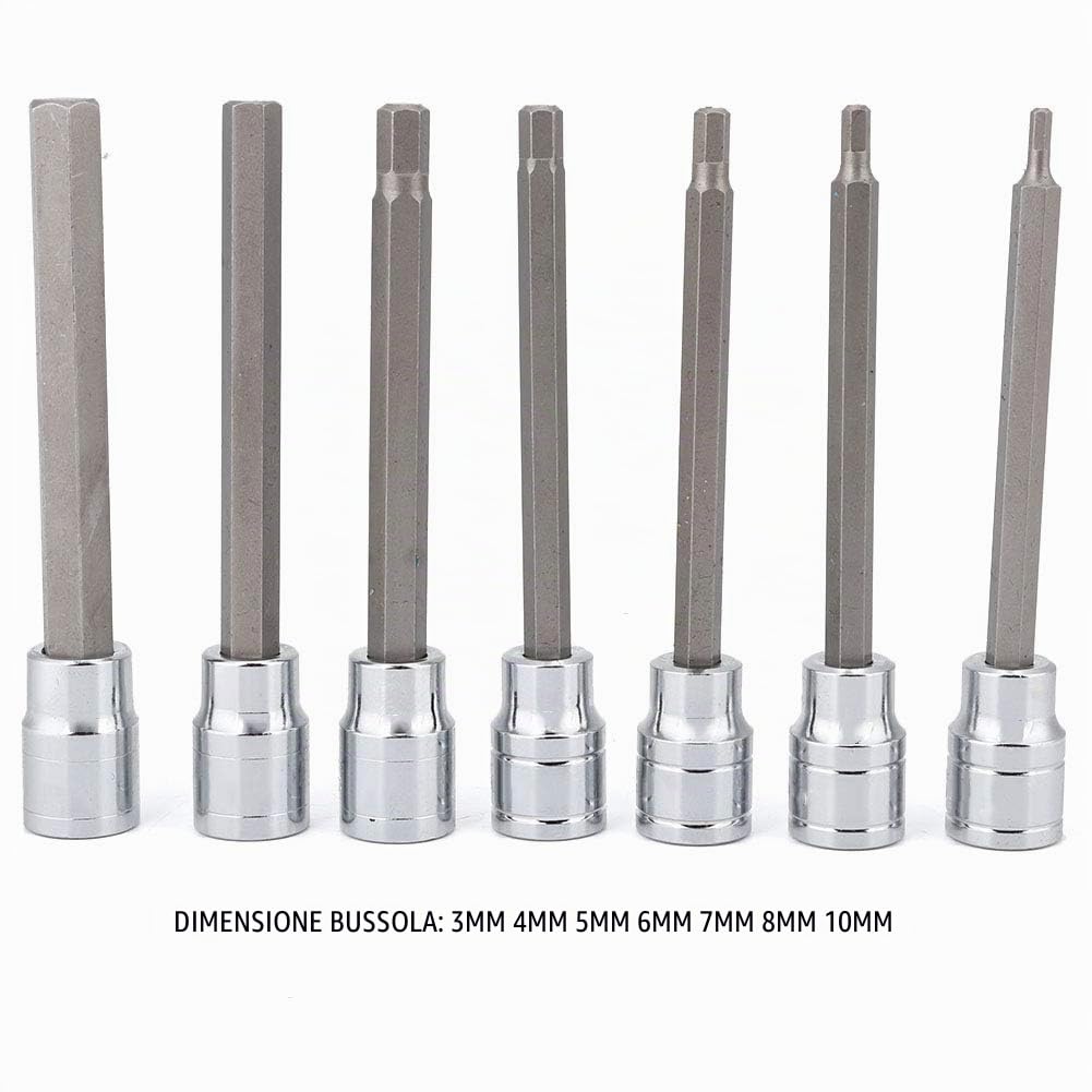 7 pezzi/Set di Chiavi a Bussola Esagonali, Set di punte esagonali, bussola esagonale di precisione durevole con lunghezza extra 110 mm, con attacco 3/4/5/6/7/8/10 mm