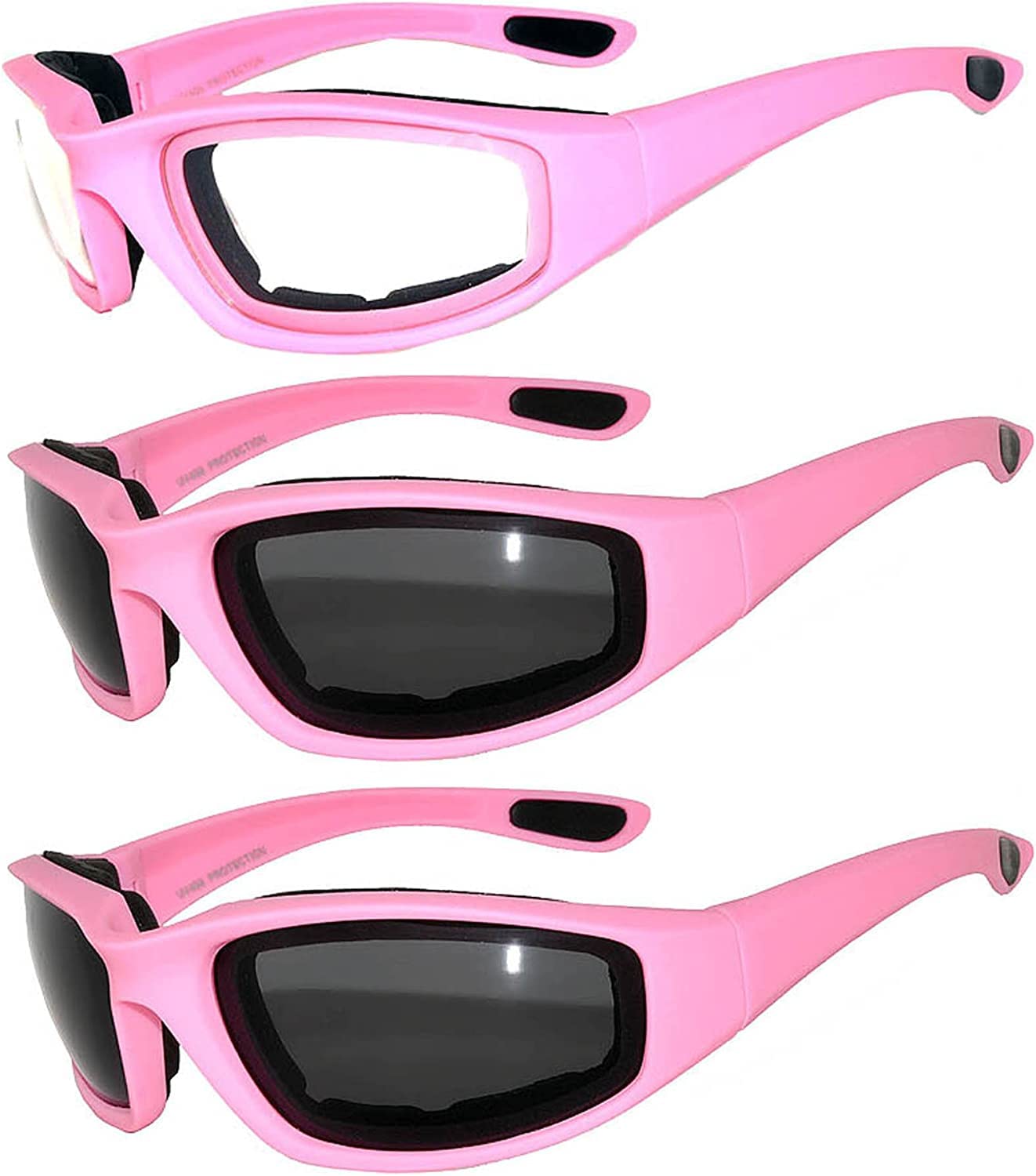 OWL 3 Pack Motorcycle Riding Glasses, Padded Sport Sunglasses, Assorted Colors for Men and Women