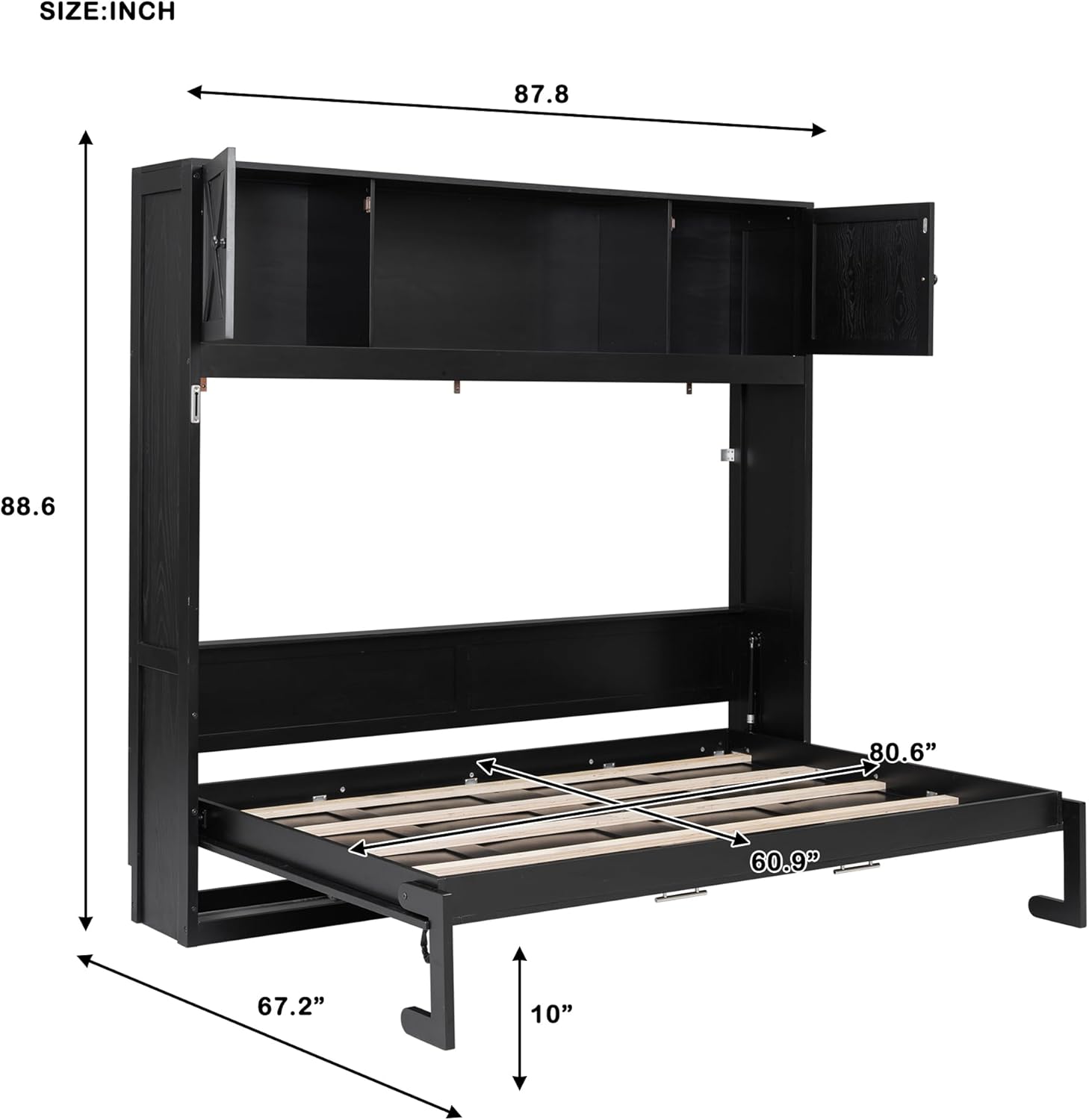 Merax Queen Size Murphy Bed with Storage Cabinets, Rustic Solid Wood Wall Bed with 3 Cabinet Shelves, Space Saving Foldable Bed Frame for Studio Apartment, Guest Room, Home Office, Black
