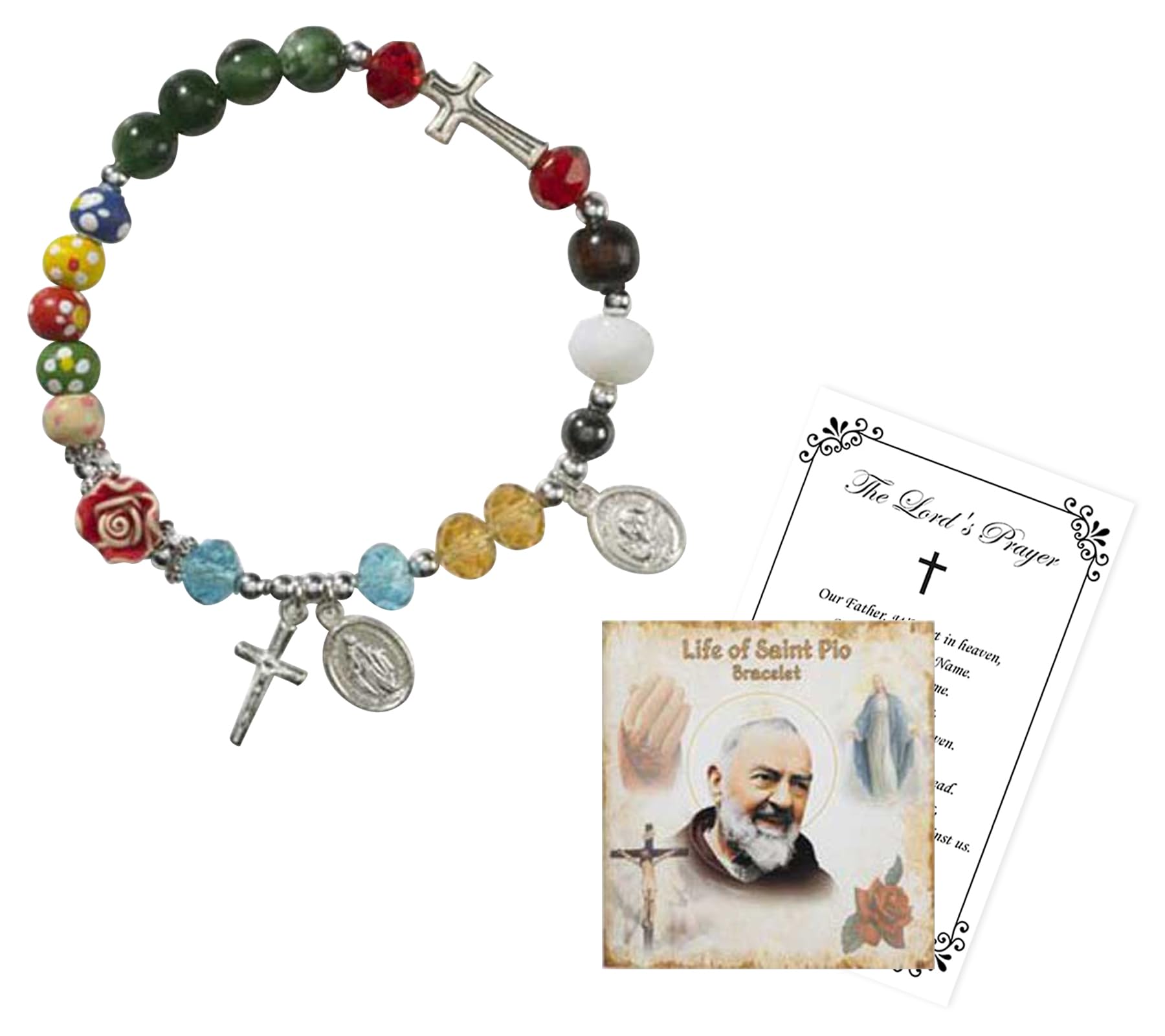 Padre Pio Bracelet with St Pio Story Card, The Lord's Prayer Card | Stretchable St. Pio Bracelet | Padre Pio Jewelry with Story Card Set for First Communion, Confirmation, Baptism | 2 Items Total