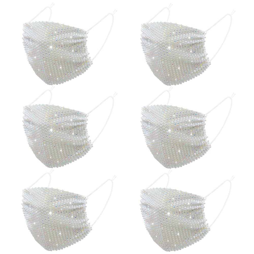 Auriviz 6 Pcs Ivory Sparkly Rhinestone Face Mask for Women Masquerade Glitter Bling Face Mask Christmas Party