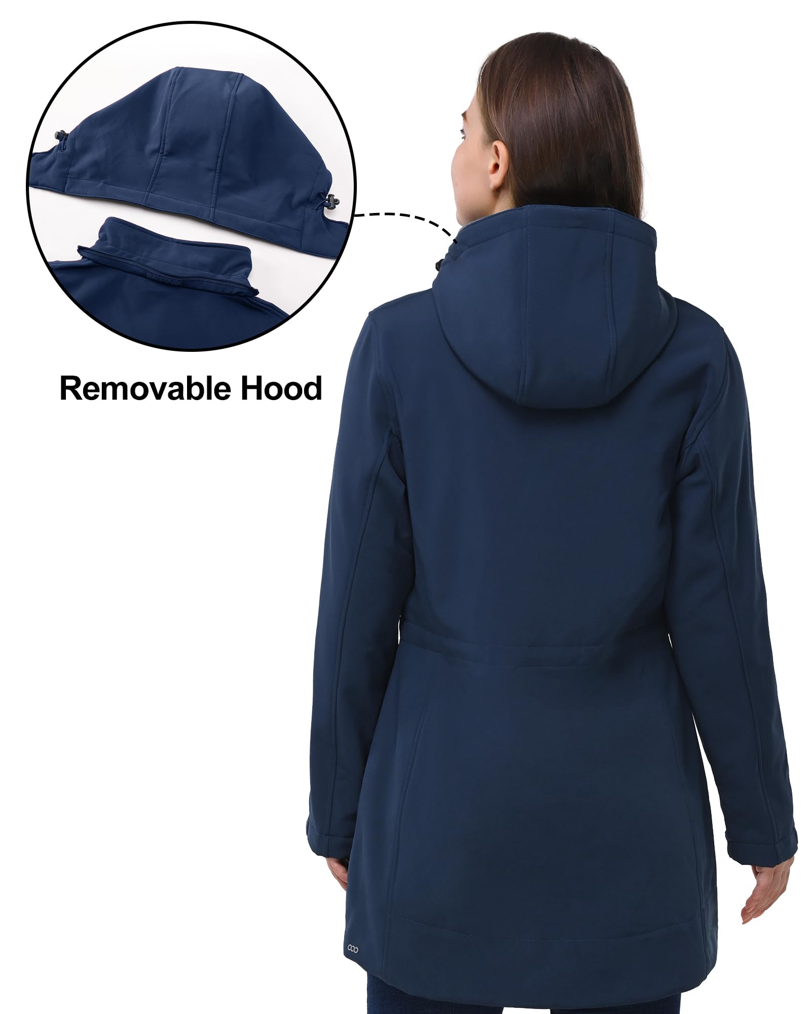 Chaqueta larga de softshell para mujer con capucha forrada de forro polar, resistente al viento, impermeable, cortavientos