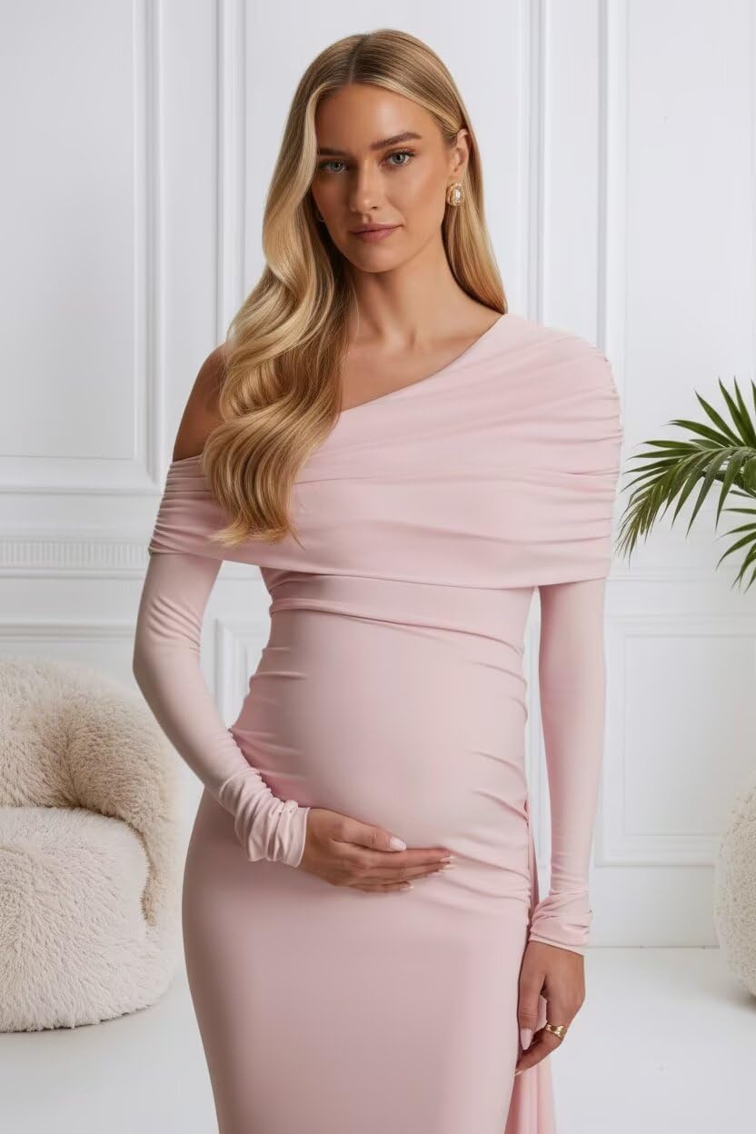 Satin Maternity Dress for Photography One Shoulder Ruched Pregnancy Photoshoot Outfit for Baby Shower Gown with Wrap