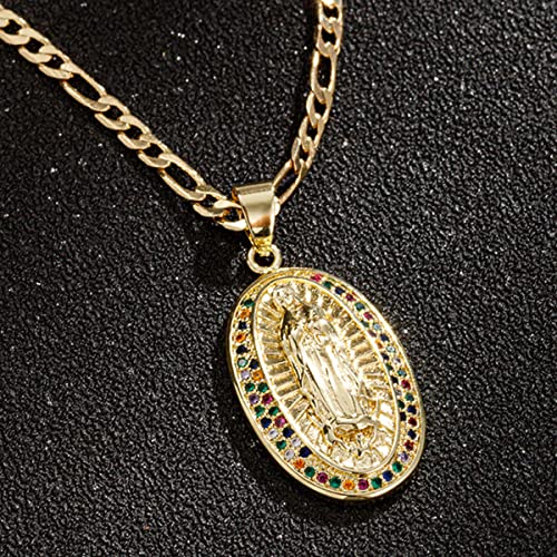 14K Gold Plated Guadalupe Virgin Mary Pendant Necklace for Women Men Two-layer White Color Zircon Inlay Oval Virgin Mary 3mm Flat Figaro Chain Necklace 18/22 inches3
