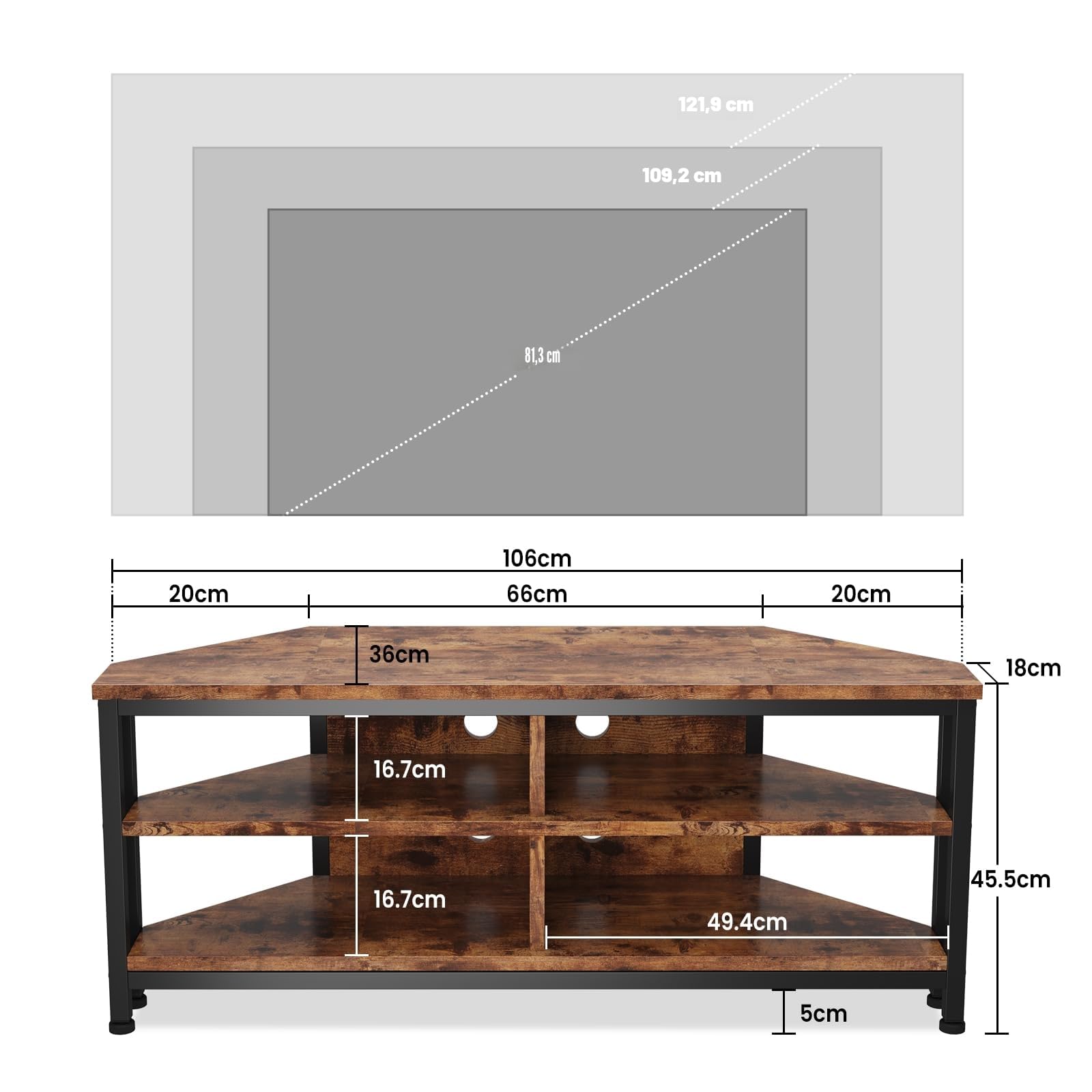 Dripex Meuble TV Bas d'angle avec éclairage LED Marron Vintage 106x36x45.5 cm