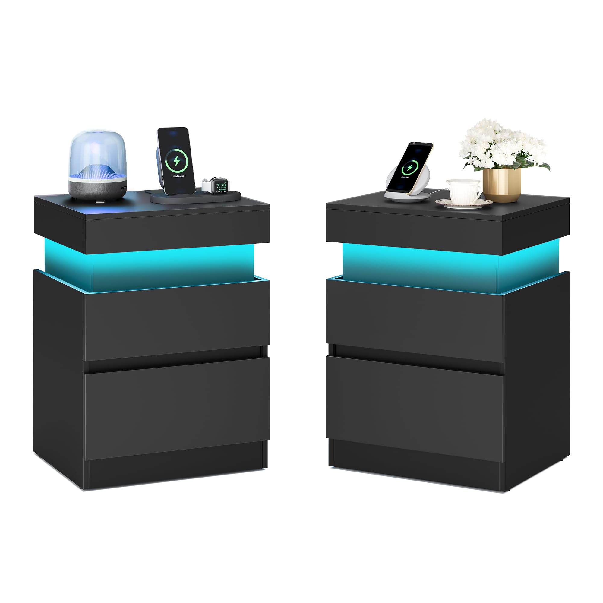 VASAGLE KAILYN Collezione - Comodini con Multipresa, Set di 2, Tavolini con Piano Scorrevole, 2 Cassetti, Striscia LED, Stile Moderno, 35 x 40 x 55 cm, Nero Inchiostro LET840BC01
