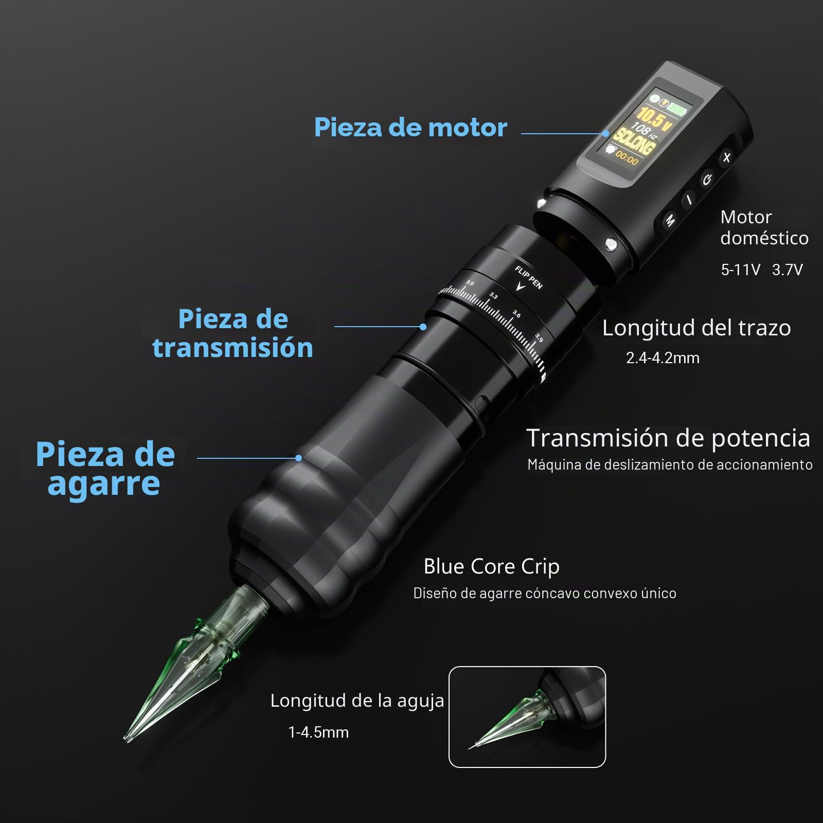 Kit máquina tatuaje Solong Set Profi, rotativa inalámbrica 1800mAh, LCD, 40 agujas, 8 tintas, ideal para principiantes y artistas, modelo SLE96EN01SEU-1