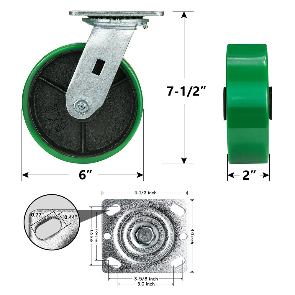 HANDSAMMU 6 Inch Caster Wheels, Heavy Duty Casters with Strong Load-Bearing, Polyurethane on Steel Wheel, Set of 4 Industrial Casters Load 4800lbs(4 Pack Swivel)