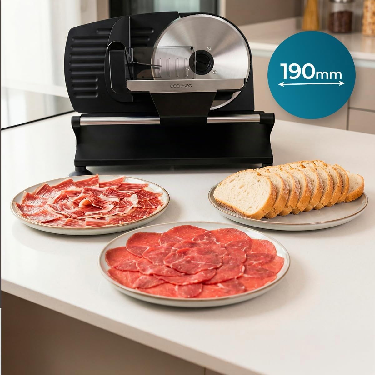 Cecotec Allesschneider Rock’nCut Shuriken Steel ProBlades, 200 W, Solingen Klinge, 190 mm Scheibe, stufenlos 0-15 mm, QuickOut, Edelstahl, schwarzes Metallgehäuse, für Wurst, Käse, Brot