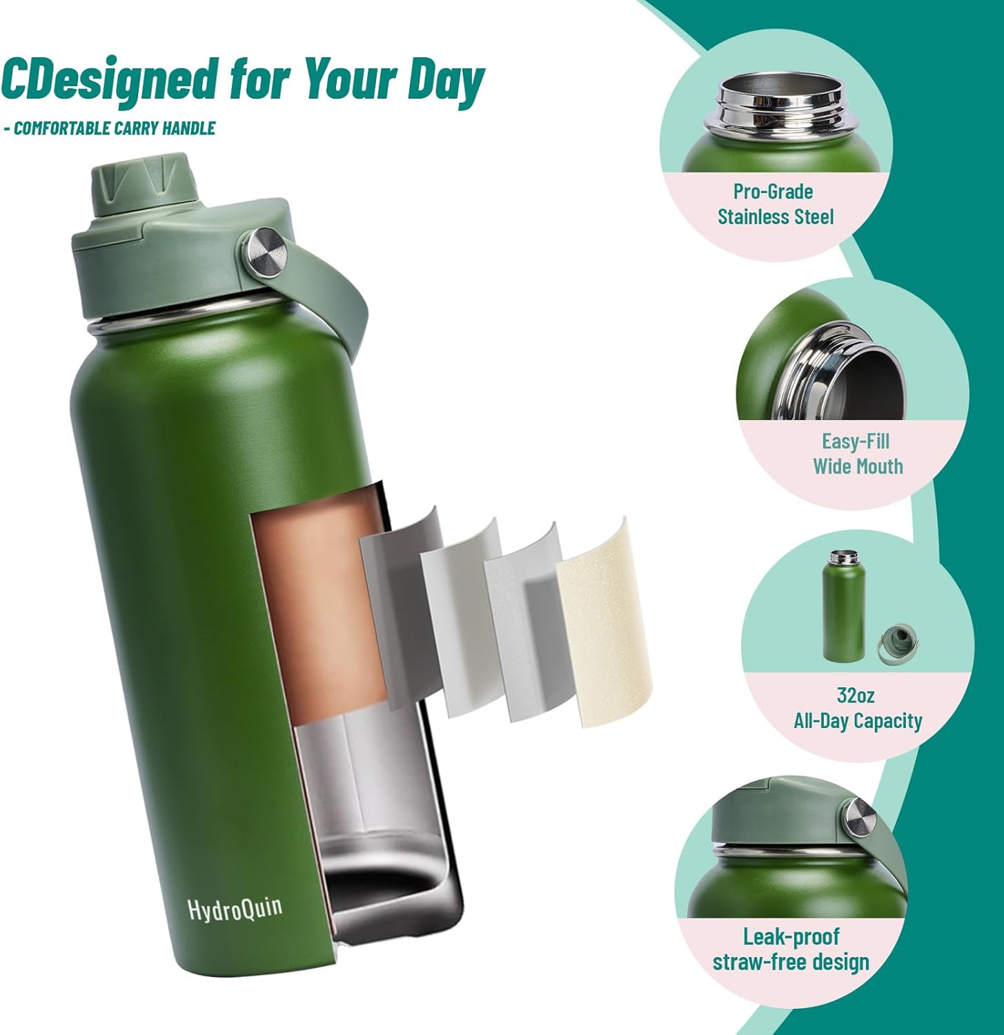 32oz Insulated Water Bottle, Vacuum Stainless Steel Water Bottles with Comfort Grip Handle, Waterbottle for Gym Outdoor School - Image 3