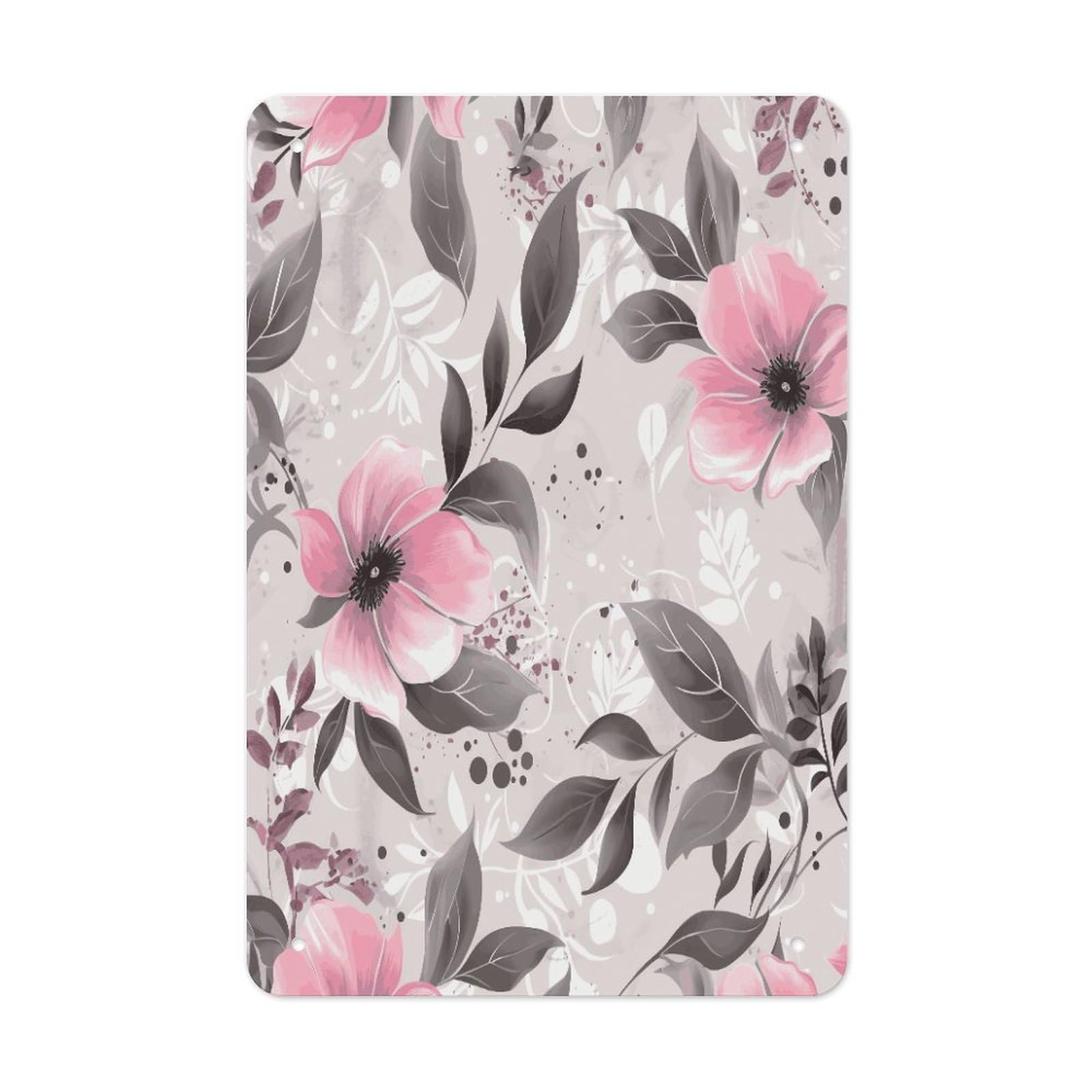 LDGSUPH Pink Flowers And Leaves on Gray Wall Art Prints Folded Edge Iron Sheet Painting with Holes for Wall Prints Decorative Picture Metal Signboard Decor Painting for Outdoor Indoor Wall Decor