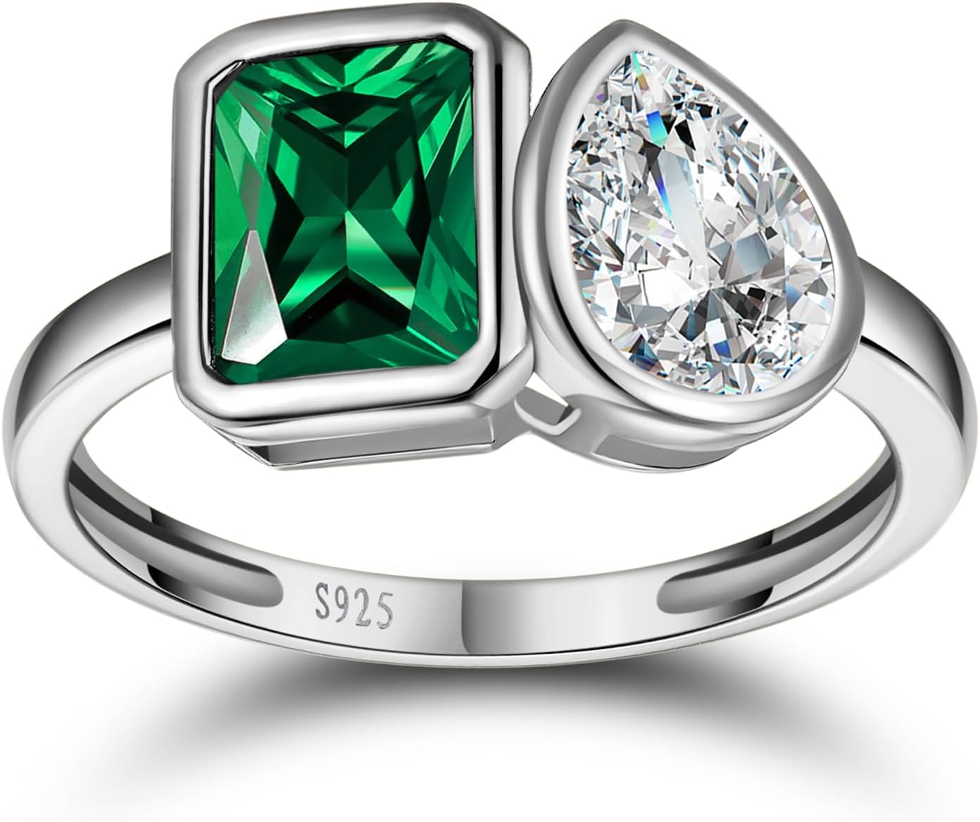 Yaresul 6x8mm 3.5CT Toi Et Moi Ring 925 Sterling Silver Emerald Engagement Ring For Women Double Stone Emerald Shape & Pear Cut Cubic Zirconia Wedding Ring Width Band 1.9mm - Size 5-9