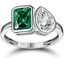 Yaresul 6x8mm 3.5CT Toi Et Moi Ring 925 Sterling Silver Emerald Engagement Ring For Women Double Stone Emerald Shape & Pear Cut Cubic Zirconia Wedding Ring Width Band 1.9mm - Size 5-9