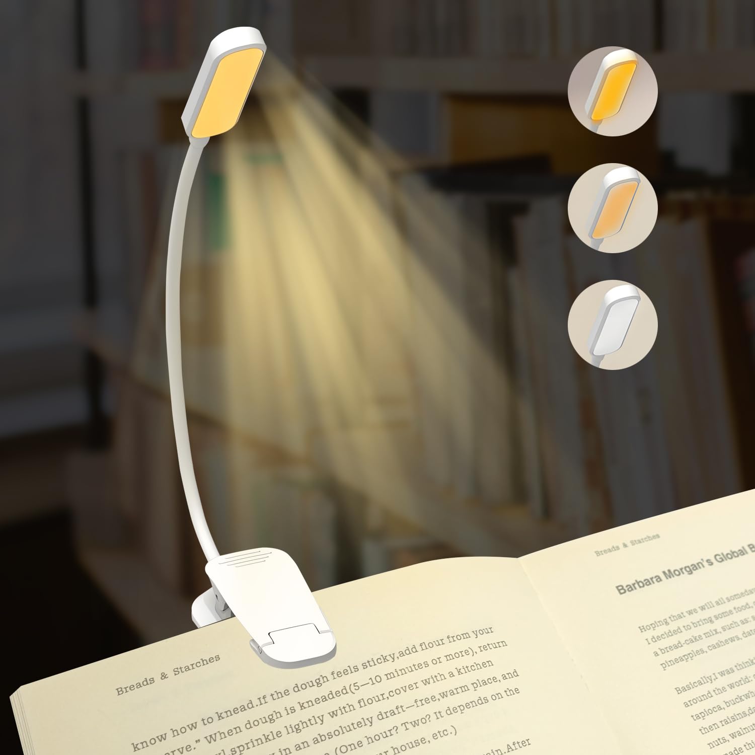 Qumox White 20 Led Rechargeable Book Light For Reading In Bed - Eye Caring 3 Color Temperatures, 5 Brightness, 5-50 Hrs Runtime Lightweight Clip On Light For Book Lovers, Reading, Studying