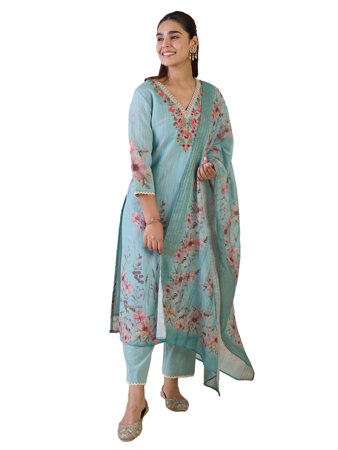 indo era Women's Straight Linen Floral Embroidered Kurta & Pant with Dupatta Set (IESTR10642)-picture-15