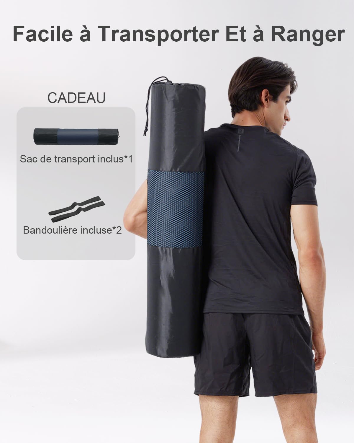 Tapis de gymnastique - 195 x 90 cm - Grand tapis de yoga - 10/15 mm d'épaisseur - Tapis de fitness XL - Avec sangle de transport et sac