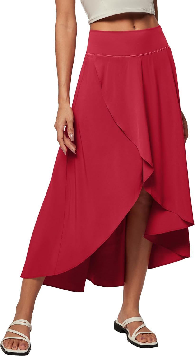 Heathyoga High Waist Wrap Skirt with Shorts Flowy Skirts for Women Trendy Summer Ruffle High Low Maxi Skirt with Slit