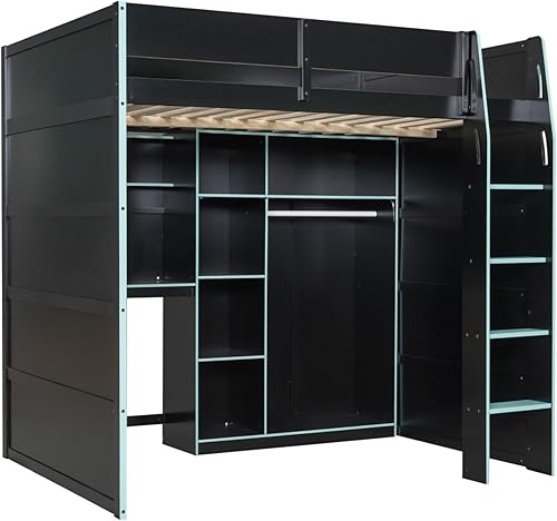 Miniatura 7 de Cama loft de madera para juegos de tamaño matrimonial con escritorio para computadora y luces RGB, cama para juegos, armario abierto integrado y