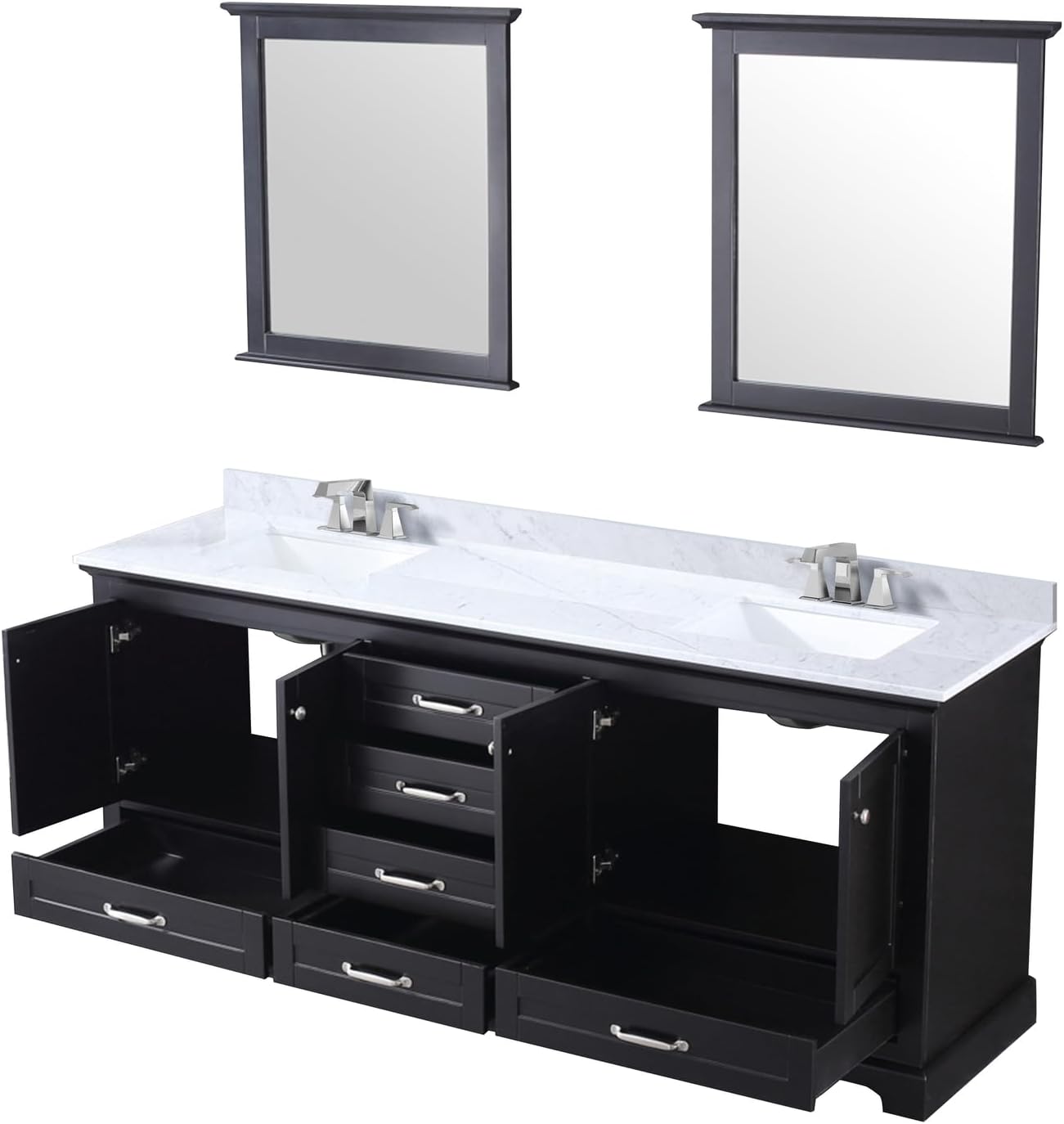 Dukes 80 in. W x 22 in. D Espresso Double Bath Vanity, Carrara Marble Top, Faucet Set and 30 in. Mirrors