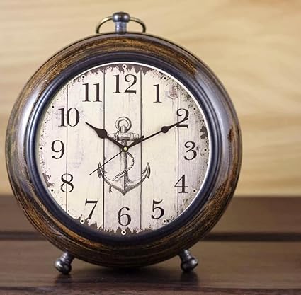 Vintage of world Wooden Table Clock Antique Style 5.25 in dial 4 in Brown Color Desk Clock Art Unique for Home Office Decor Metal Wood Glass