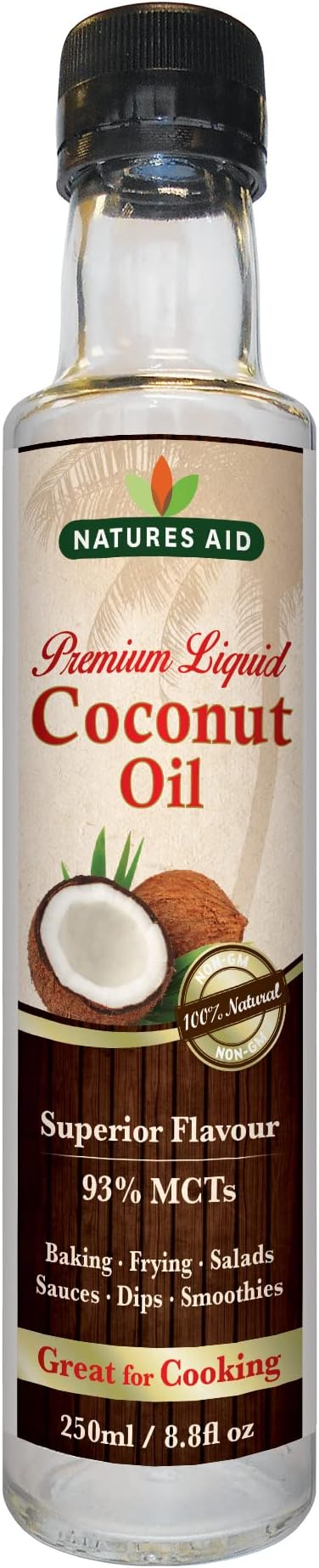 Natures Aid Liquid Coconut Oil 250ml โ 100% Pure, Non-GMO, Vegan, Keto Friendly โ Supports Skin & Hair โ Gluten Free Cooking Oil for Frying, Baking, Smoothies & Dressings