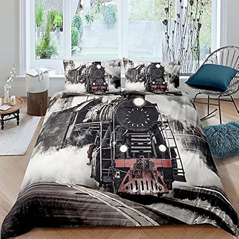 Tomifine Steam Train Duvet Cover Single Kids Classic Steam Engine 3 Pieces Boys Quilt Cover Ultra with 2 Pillowcase Soft Microfiber Zipper Closure (Single,Train 8) Cover